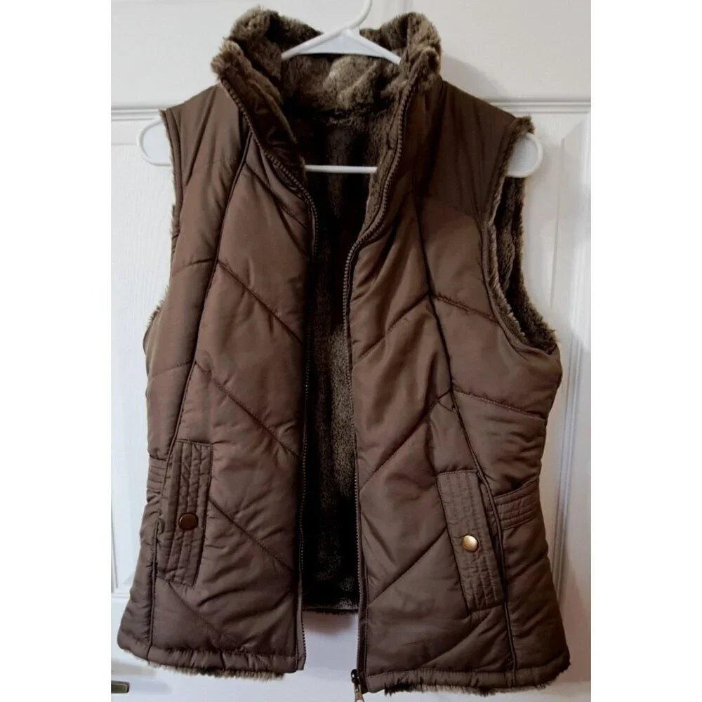 Valerie Stevens S Reversible Faux Fur/Quilted Puffer Full Zip Vest